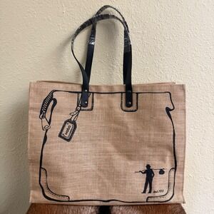 HOBO Natural Burlap Tote with Black Graphics and Straps